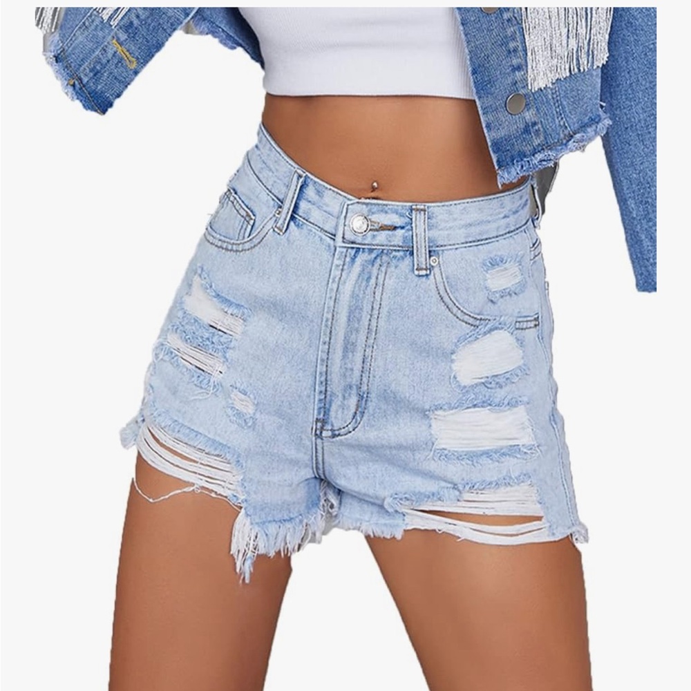 Distressed Light Blue Denim High Rise Shorts XS